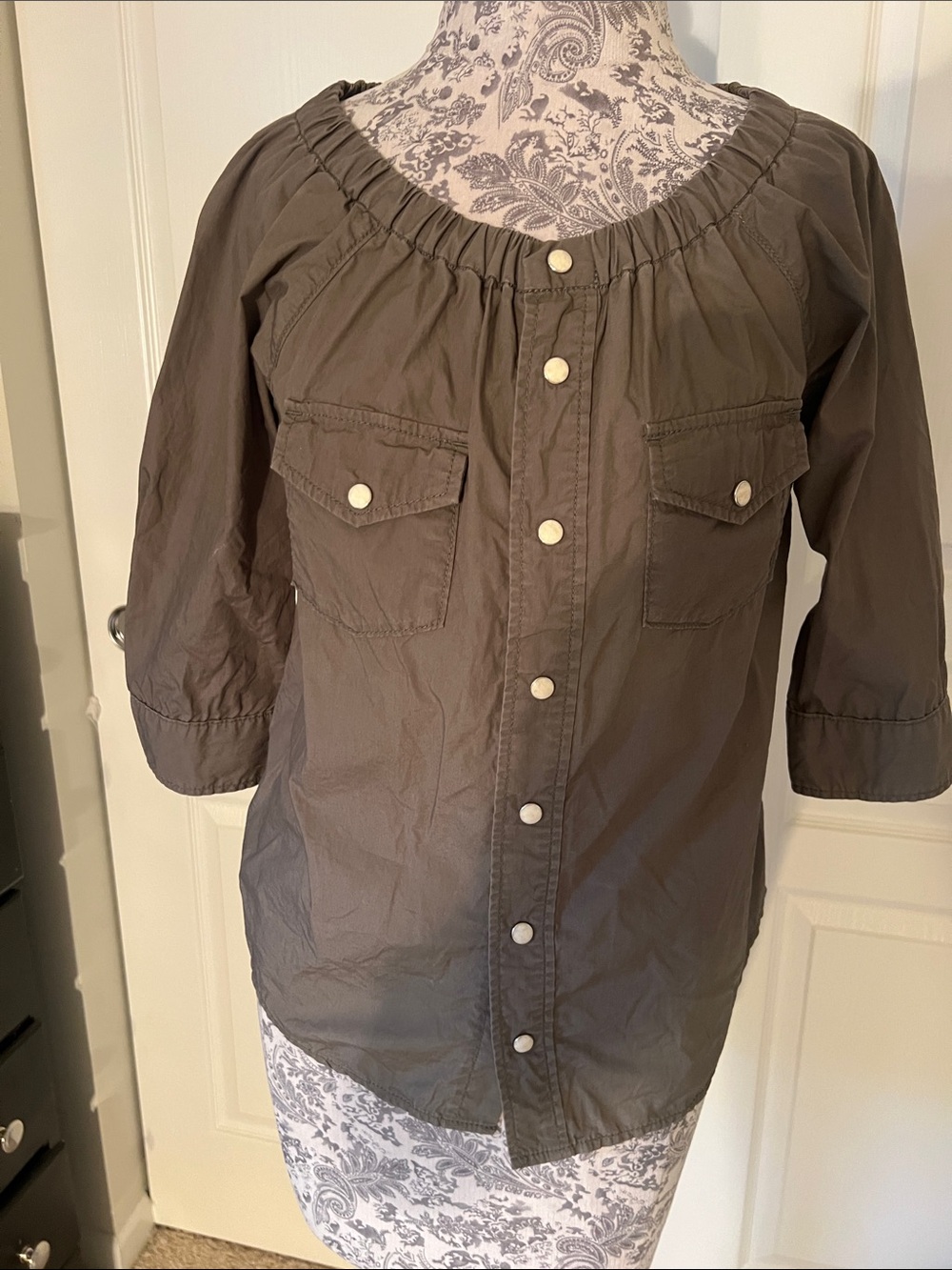Olive Green Off-Shoulder Button-Down Women's Top